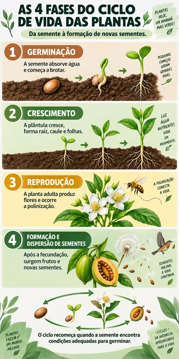 As 4 fases do ciclo de vida de uma planta com explica&ccedil;&atilde;o resumida