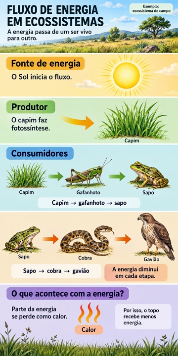 Ilustração mostrando exemplo de fluxo de energia nos ecossistemas Ilustração mostrando exemplo de fluxo de energia nos ecossistemas