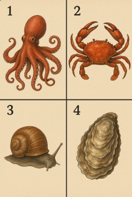 Imagem com 4 animais Imagem com 4 animais sendo que três são moluscos