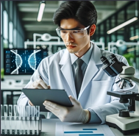 Ilustração mostrando um pesquisador da área de Genética em seu laboratório