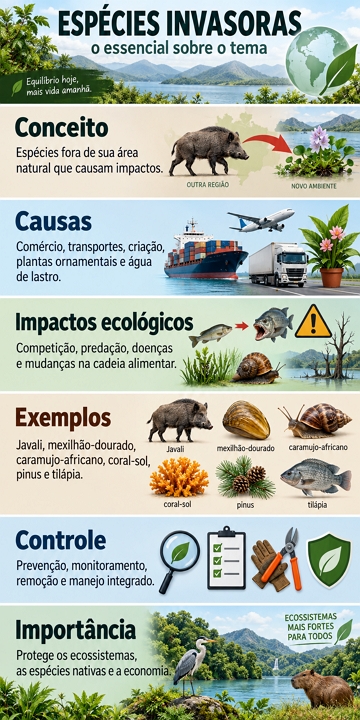 Infogr&aacute;fico com resumo did&aacute;tico sobre Esp&eacute;cies Invasoras