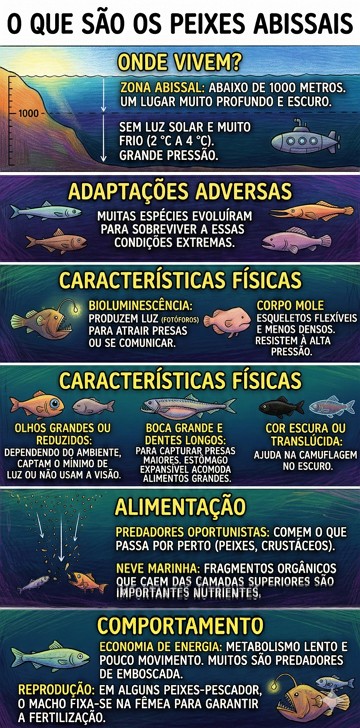 Infogr&aacute;fico sobre as caracter&iacute;sticas dos peixes abissais.