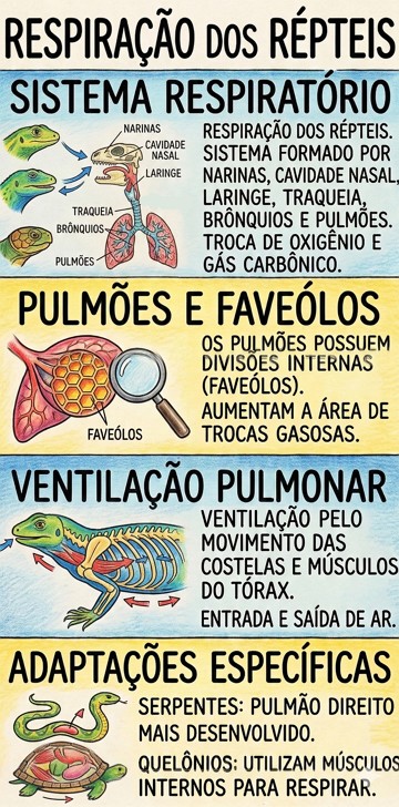 Respiração e o sistema respiratório dos répteis. Infográfico didático e resumido sobre a respiração e o sistema respiratório dos répteis.