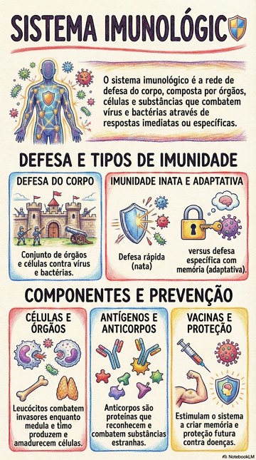 Infogr&aacute;fico informativo e resumido sobre o sistema imunol&oacute;gico, defesas e imunidade