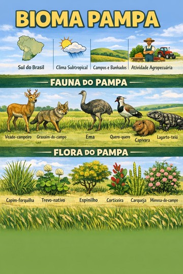 Infogr&aacute;fico com caracter&iacute;sticas e esp&eacute;cies do bioma Pampa