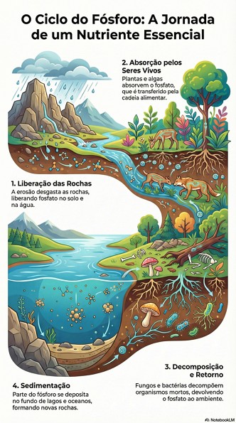 Infográfico mostrando as etapas do Ciclo do Fósforo