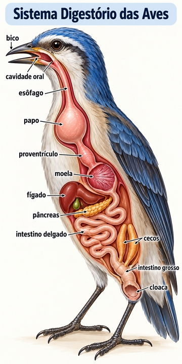 Ilustração mostrando os órgãos do sistema digestório das aves Ilustração mostrando os órgãos do sistema digestório das aves