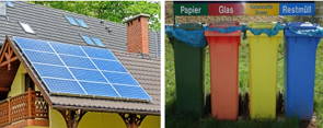 Casa com energia solar e recipientes para reciclagem